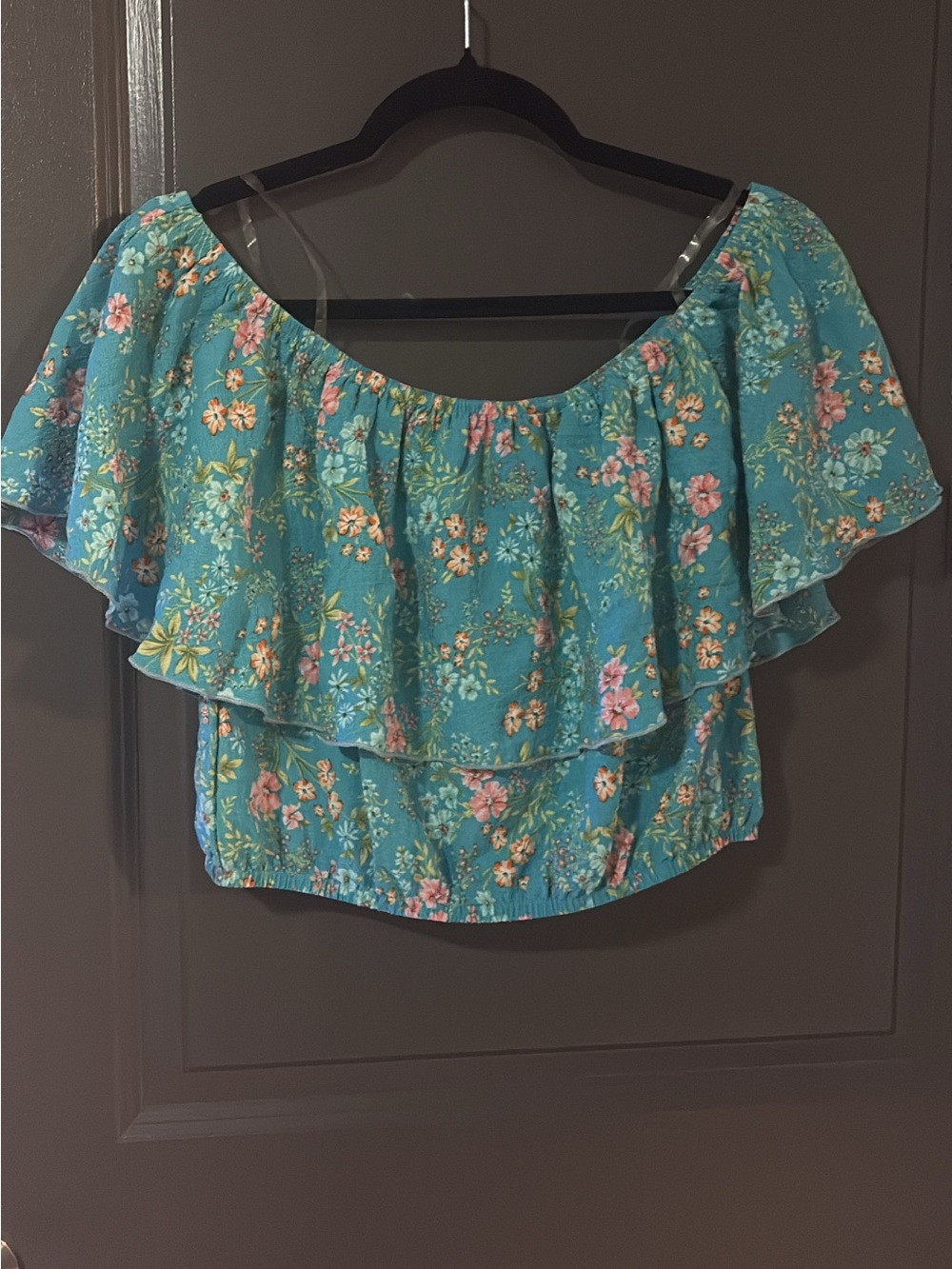 Teal Floral Off-Shoulder Ruffle Crop Top